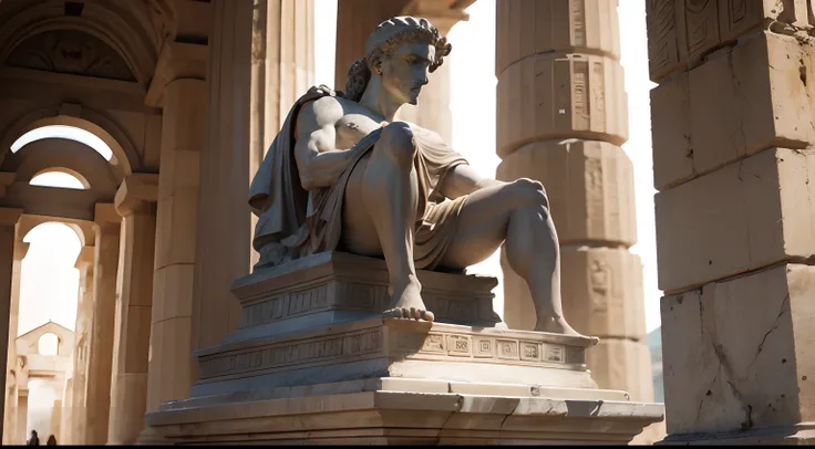 Ancient Greek statue with angry expression, Outside, com rosto extremamente detalhado full body view, Colors with low saturation with dark tone, Filmado em Sony A7S III com Sony FE 35mm f/1.8, 12.1 MP, --AR 3:2 --estilo cru