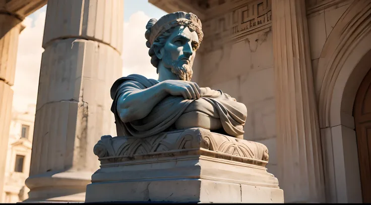 Ancient Greek statue with angry expression, Outside, com rosto extremamente detalhado full body view, Colors with low saturation with dark tone, Filmado em Sony A7S III com Sony FE 35mm f/1.8, 12.1 MP, --AR 3:2 --estilo cru