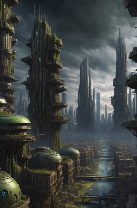 A futuristic city with a river and a bridge flowing through it, В Fantasy Sci - Fi City, ancient sci - fi city, Futuristic dystopian city, Sci-fi city, Sci-fi city, Alien City, Alien cityscape, Dystopian city, science fiction city, A futuristic alien city,...