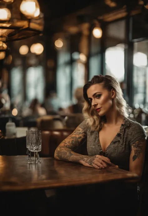 A tattooed 30 years old woman with large boobs, wearing super short skirt and high heeled sandals, sitting on a restaurant table with her husband. Full body shot