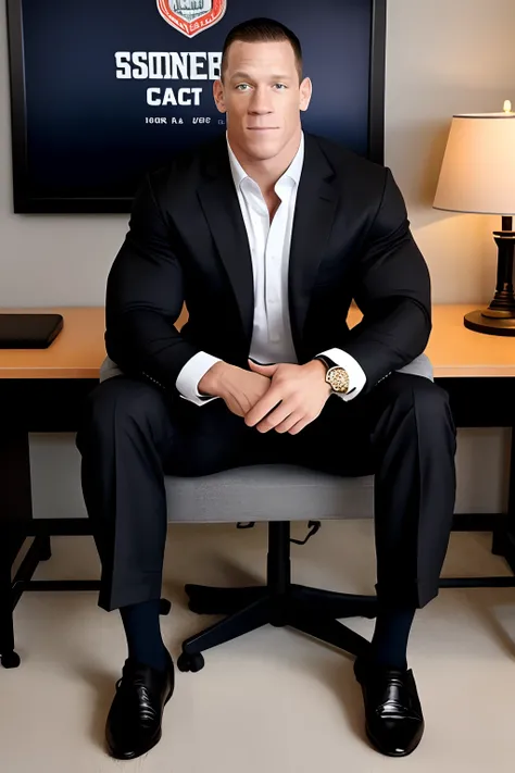 John Cena wearing dress shirt and pants black dress socks, feet on desk