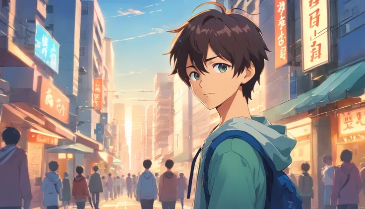 A boy, transformed into an anime style, with exaggerated unique facial features and clothing, standing on a bustling city street, backlit background highlighting the subject, high-contrast colors, 4K high-definition quality，young, smiling, handsome