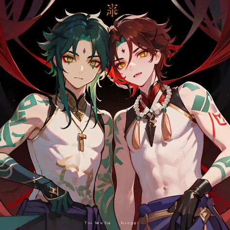 1boy,dark green hair,best quality,masterpiece,extremley,yellow eyes,male focus,beautiful eyes,Xiao (genshin impact), 1 boy, bones necklace, animal fangs necklace, arm tatoo, dark red hair, Chinese clothes, green eyes, male focus, red mark on forehead, no s...