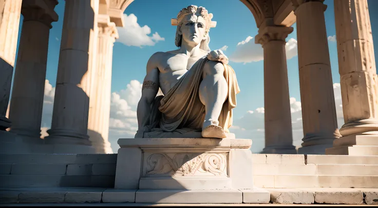 Ancient Greek statue with angry expression, Outside, com rosto extremamente detalhado full body view, Colors with low saturation with dark tone, Filmado em Sony A7S III com Sony FE 35mm f/1.8, 12.1 MP, --AR 3:2 --estilo cru