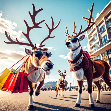 Reindeer flying wearing sunglasses with shopping bags, legal, Maneiro, descolada, compras