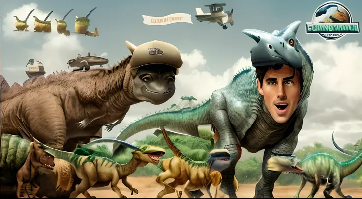 A closeup of a man in a hat while walking with a bunch of dinosaurs, Giga Chade Capaybara, tom cruise vs carnivore dinosaur, next to the dinosaur are cavemen, giga Chade, Draconianos, Jontron, triceratops, at the time of dinosaurs, Kyle Hotz, T-Rex, t - re...