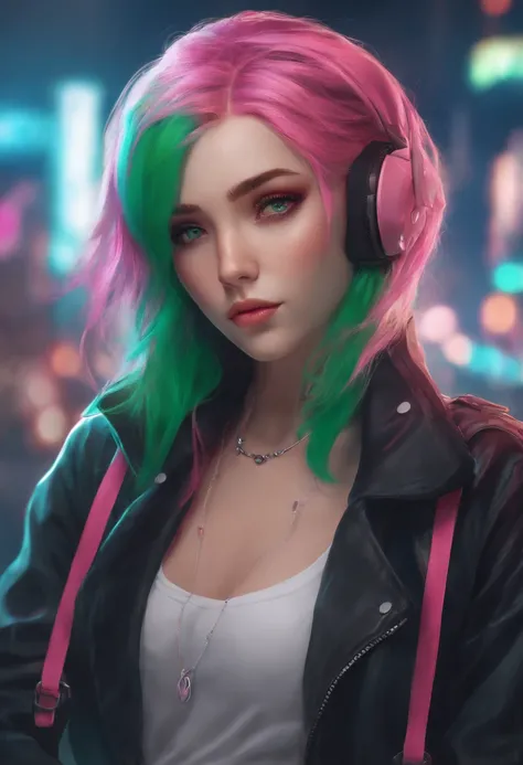 femme, realistic character, green hair with pink locks, yeux bleus, Anime, seul, moderne, Cyberpunk