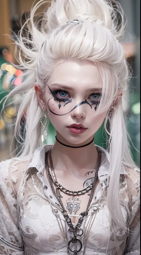 The prompts for the first theme are as follows:
"(Best Quality, 8K, 32K, masutepiece:1.3), Ultra-detailed, (Photorealistic:1.4), white colors, albino, Punk Girl, Detailed eyes, Upper body, Luxurious punk hair, Edgy punk fashion, Avant-garde makeup, Numerou...