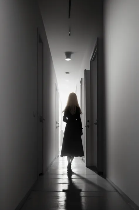 a long, dark, featureless corridor, a door at the end with an extremely white light, in the middle a silhouette of a Russian girl with long blond hair in a black dress, ultra-realistic.