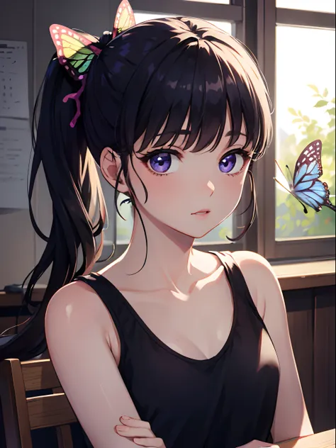 kanaotsuyuri, kanao tsuyuri, black hair, butterfly, butterfly hair ornament, (purple eyes:1.1), side ponytail, ponytail, tank to...