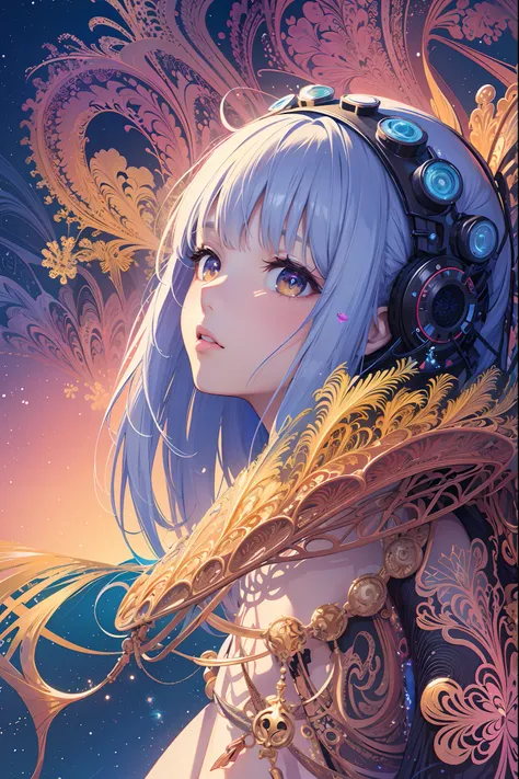 (masterpiece, top quality, best quality, official art, beautiful and aesthetic:1.2), (1girl), extreme detailed,(fractal art:1.3),colorful,highest detailed, An android girl with white wire hair sits outside in the grass and looks up at the sky