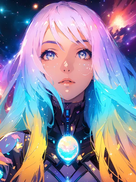 ((masterpiece))anime girl, galaxy colors, stunning art, celestial sky, sunset, glittering stars and comets