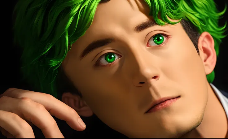 Renaissance man with golden skin and green hair and green eyes