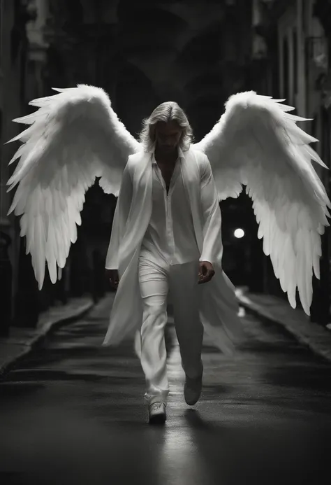 Lucifer with devilish face, white angel wings , in the street , ultra realistic image, dark moody