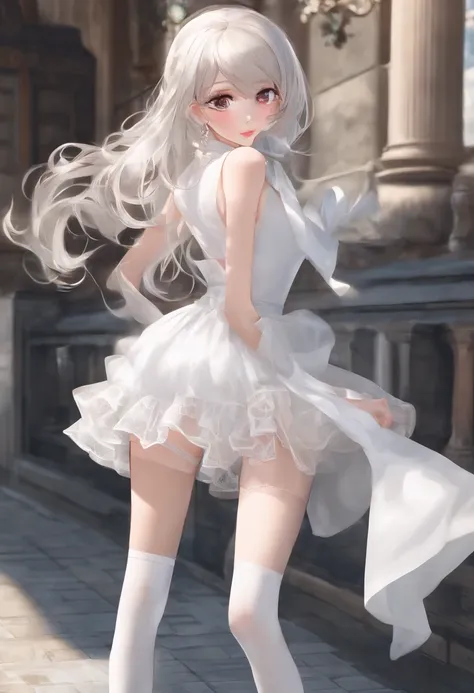 Wearing white silk pantyhose，The reveal panties，The legs are relatively long，The chest is relatively large，The face is cute and beautiful，Strike sexy poses，No shoes，Discharge of 