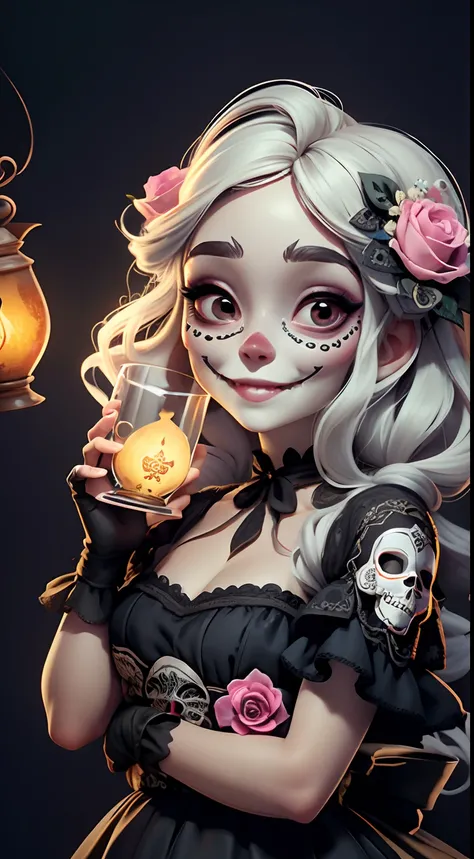 masterpiece, best quality, a girl smiling with sugar skull death makeup, holding a glass lantern