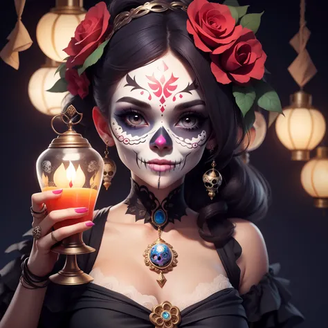 masterpiece, best quality, a girl smiling with (sugar skull) makeup, holding a glass lantern