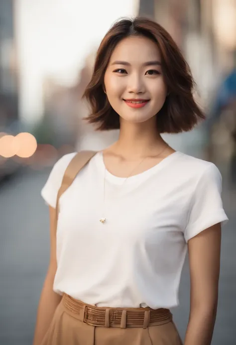 Photo of Japan woman with city background。She is 161cm tall、Have healthy proportions、I have a grown bob hairstyle。Her white t-shirt has、It has an urban and stylish design。Her bright smile reflects happiness、Softbox lighting emphasizes her smooth skin。The c...