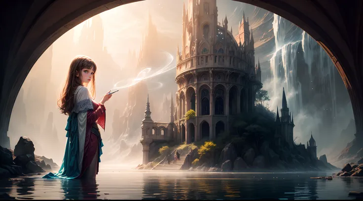 Painting: An enchanting artwork portraying a girl wearing silk, standing at the edge of a mystical pool, surrounded by swirling enchantments, with the distant planet casting an ethereal light upon her.