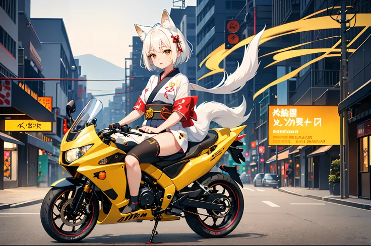 1girl in,10 years old, komono, Priestess Uniform, short-haired, Okabos, Shortcuts, White hair, Red eyes, White fox girl, Fox ears, White fox ears, Fox tail, White fox tail, Wallpaper, landscape, depth of fields, Daytime, side lights, Fate (Series), Genshin...