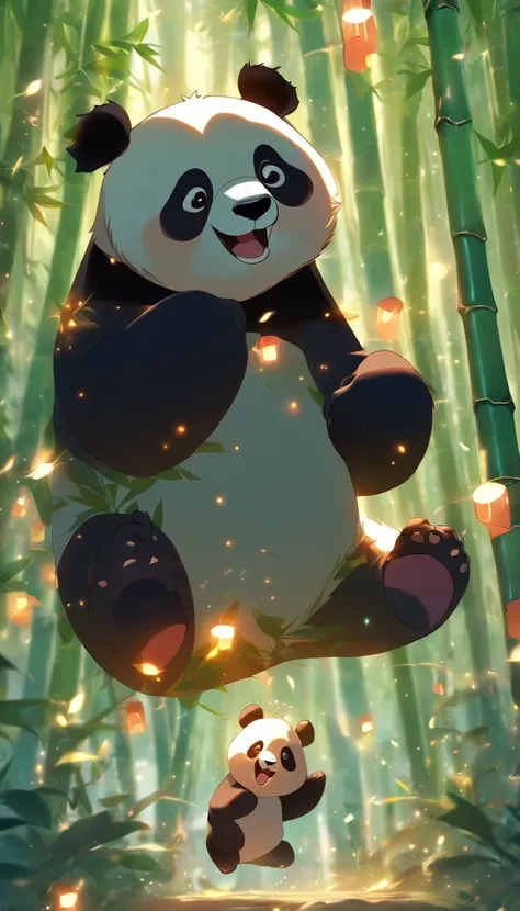 "(best quality,highres,masterpiece:1.2),peaceful day,serene bamboo forest,bamboo leaves gently falling in the wind,beautiful adorable giant panda,plump,moon shining brightly in the sky,fireflies dancing, girl"