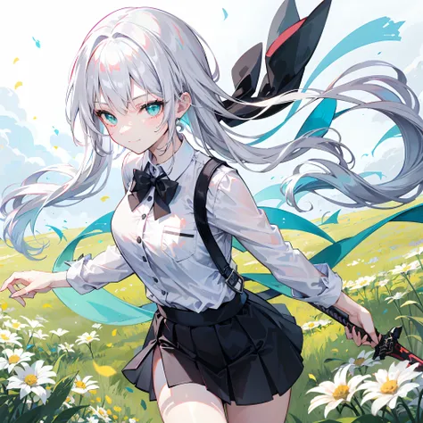 18-year-old white-haired girl, Turquoise eyes, Double tail hair,Two black bow ties... Wear a white shirt with buttons... Black miniskirt...Wielding a sword .In the middle of the field .With a slightly smiling face............