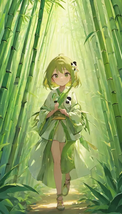 "(best quality,highres,masterpiece:1.2), working ofice ,serene bamboo forest,bamboo leaves gently falling in the wind,beautiful adorable girl with panda customs, wallpaper for mobile "