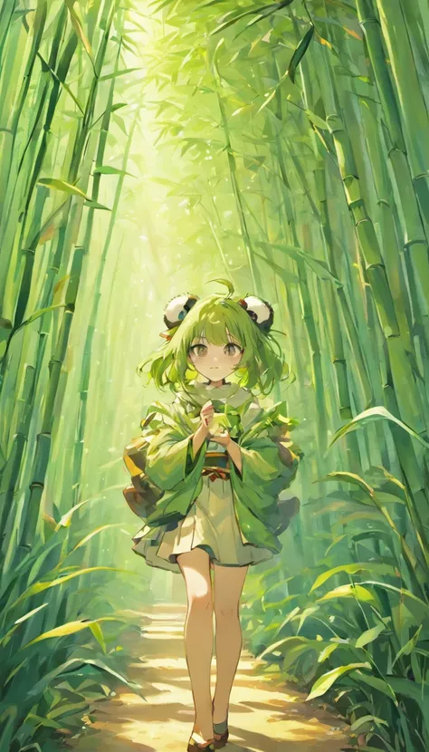 "(best quality,highres,masterpiece:1.2), working ofice ,serene bamboo forest,bamboo leaves gently falling in the wind,beautiful adorable girl with panda customs, wallpaper for mobile "