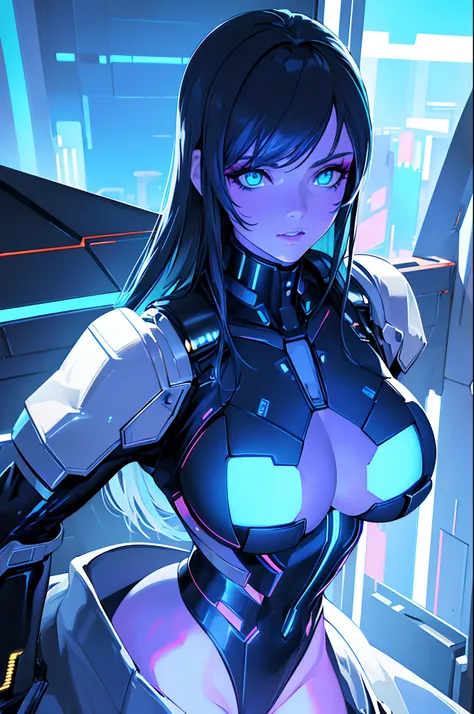 (Best quality,highres:1.2), ultra-detailed, (realistic:1.3), cyberpunk, futuristic, portrait, shiny revealing latex outfit, cyber implants, virtual reality, glowing makeup, metallic body parts, body modification, techno atmosphere, cityscape background, ho...