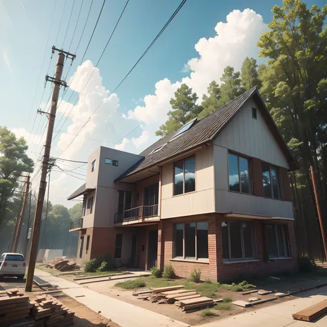 A two-story building under construction made of brick and concrete with a pile of materials in the foreground and trees and power lines in the background