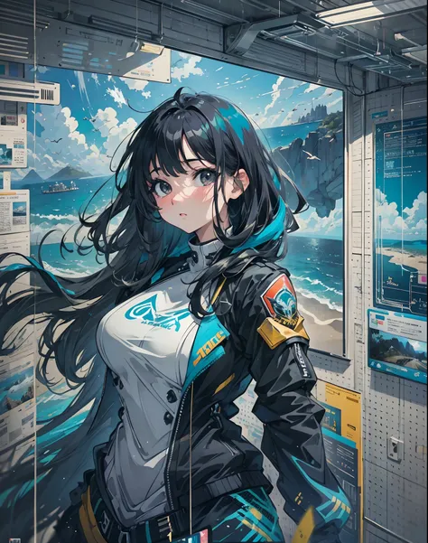 Cute girl blogger taking selfie on top of building, futuristic seascape, anime girl, cute and exotic, black eyes, natural straight hair,maximun upscale, artwork,lots of details, specific details, hypermaximalist, ultra graphics, very high graphics, very hi...