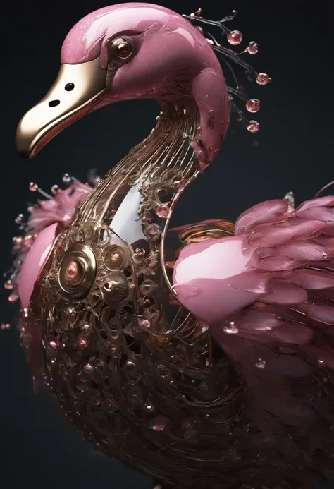 biomechanical of pink swan bird with mechanical feathers and metal armor, steampunk mechanical swan body, acrylic bubbles and flowers atmosphere, ferrofluids, water distortions. looking up, highly detailed object, intricate abstract. intricate artwork deta...