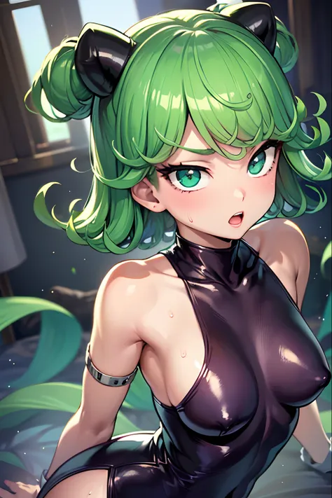 (La mejor calidad, 8k, 12), 1  chica, Tatsumaki, Pelo corto, cabello verde, tiny breast, El cuerpo perfecto, Cara ultra detallada, Labios detallados, ojos delgados, vestido negro, Standingn, tentador, excitado, areolas convexas, en celo, Milf, vapor, sexo,...