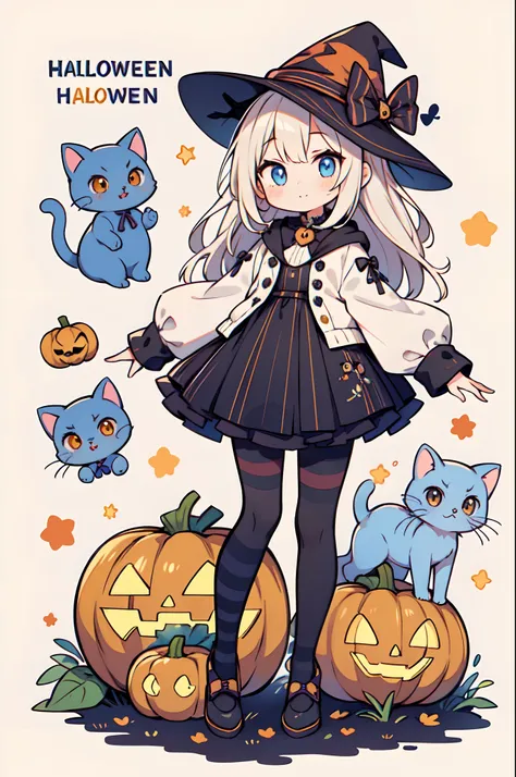 1girl, cute, halloween, pumpkin, pattern, blue cat, striped hat, stripe leggings, fullbody, design, character design, visual dev, adopt, adoptable art, deviantart, da, cute chibi