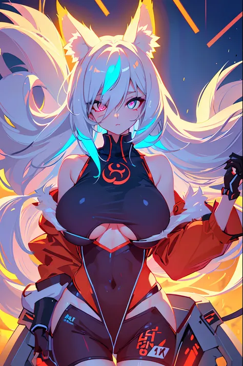 Foxgirl, fox tail, (neon lighting:1.2), super sexy mini clothes, revasling body, (centered in frame), highly detailed, 8k wallpaper, (detailed face and eyes:1.4), (detailed hair:1.3), (warm lighting:1.5), full body view, (huge breasts:1.2).