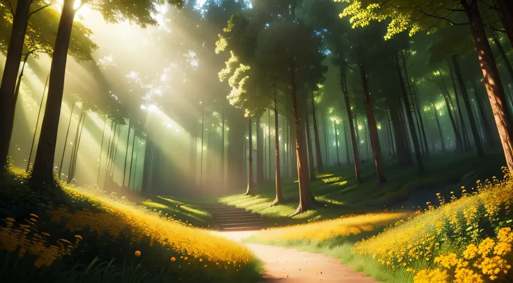 clearing in a verdant forest, pixar style, high quality, amazing sunray, yellow flowers around, orange flowers around