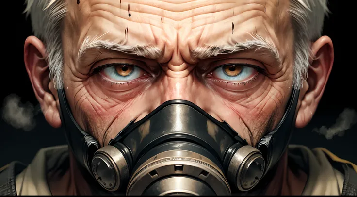 Old man looking ahead, tired and dripping with sweat with a gas mask on his face