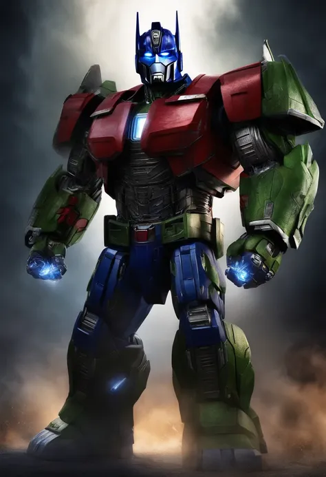 optimus prime hulk fusion, cinematic image, full body, cinematic scene, epic, t-shirt  --air