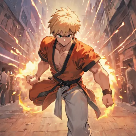 Arte de anime do jogo Fatal Fury, Andy Bogard, Fatal Fury, magro, loiro, cabelo liso e bem grande (um metro de cabelo), white pant, camisa preta, Red flame print on pants, ataca com seu ataque chamado "Hishou Ken, He launches a blue crescent-shaped project...