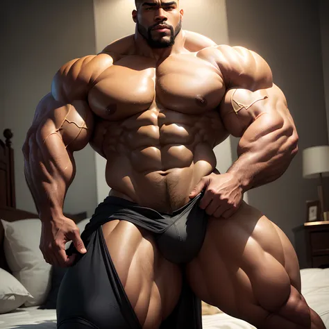 The strongest man ever, Very strong black man，Absolutely huge thighs and huge oversized, Crazy huge muscular pectoral muscles, Muscular black bodybuilder, Tight polo, gigantic bosom, Extremely wide hips, Huge muscular butt, bedroom background, High quality