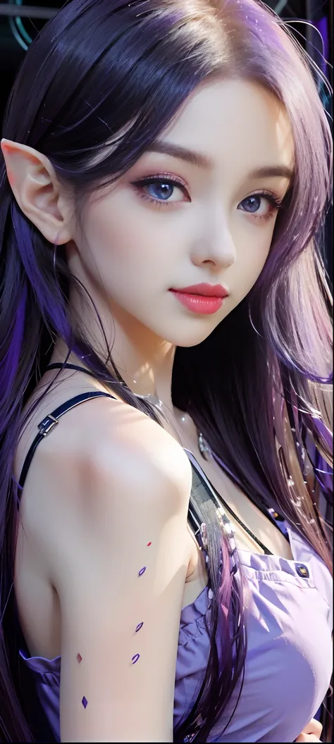 a close up of a woman with long purple hair and a black top, large breast, pale skin and purple eyes, beautiful elf with violet ...