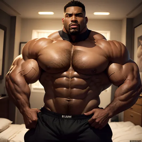 The strongest man ever, Very strong black man，Absolutely huge thighs and huge oversized, Crazy huge muscular pectoral muscles, Muscular black bodybuilder, Tight polo, gigantic bosom, Extremely wide hips, Huge muscular butt, bedroom background, High quality