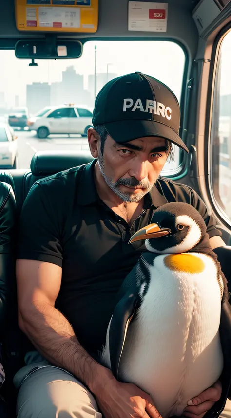 Man in a taxi with a penguin next to it