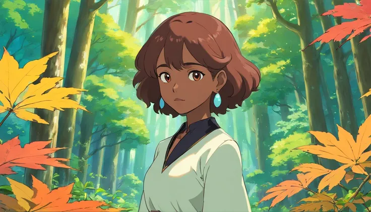 a brown skinned woman wearing an anime collar, a long necklace and earrings, in the style of tranquil gardenscapes, colorful animation stills, masami teraoka, aquamarine, paul gauguin, Embry style, honest portrayal, standing in a magical Maple tree forest