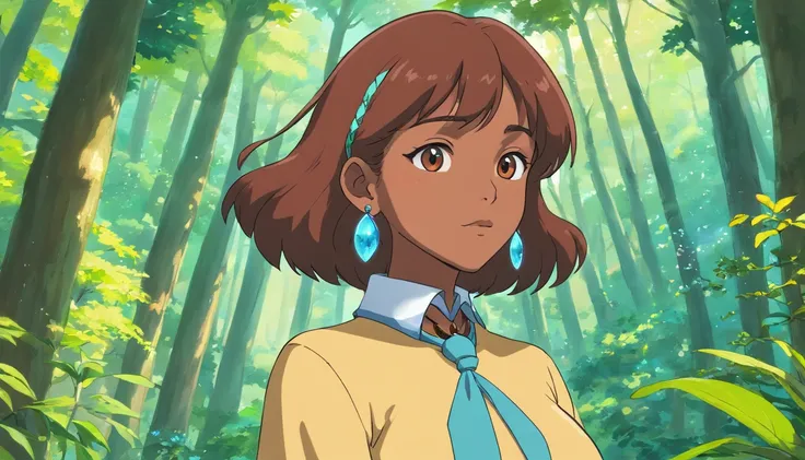 a brown skinned woman wearing an anime collar, a long necklace and earrings, in the style of tranquil gardenscapes, colorful animation stills, masami teraoka, aquamarine, paul gauguin, Embry style, honest portrayal, standing in a magical Maple tree forest