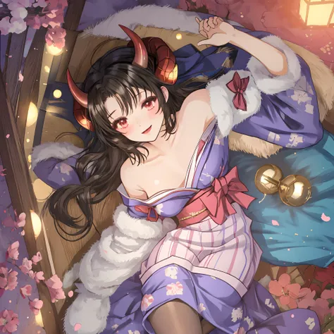 Sexy anime girl with horns, wearing a short yukata dress and pantyhose.