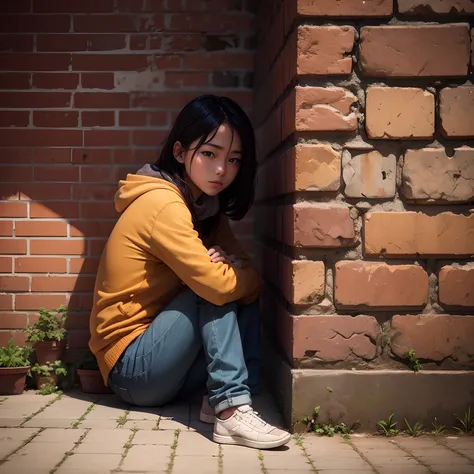 person sitting alone on brick wall