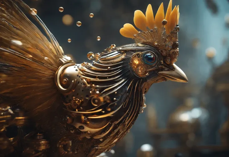 Hyper detailed biomechanical of Golden Pheasant bird with mechanical feathers, steampunk mechanical body, acrylic bubbles and flowers atmosphere, ferrofluids, water distortions. looking up, highly detailed object, intricate abstract. intricate artwork deta...