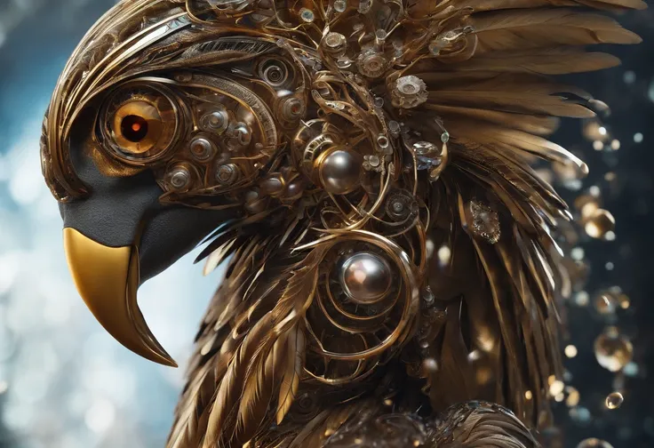 Hyper detailed biomechanical of Golden Pheasant bird with mechanical feathers, steampunk mechanical body, acrylic bubbles and flowers atmosphere, ferrofluids, water distortions. looking up, highly detailed object, intricate abstract. intricate artwork deta...