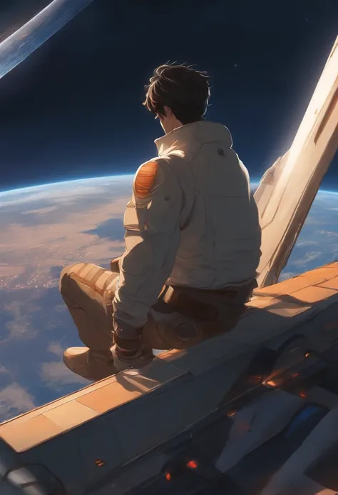 Anime guy sitting on the floor looking at the planet, Cowboy espacial, cyber space cowboy, inspirado em Josan Gonzalez, Makoto Shinkai ( apex legends ), Akira Estilo de Arte, Estilo Ross Tran, Akira vibra, Akira Estilo de Arte, flutuando ao lado de planeta...